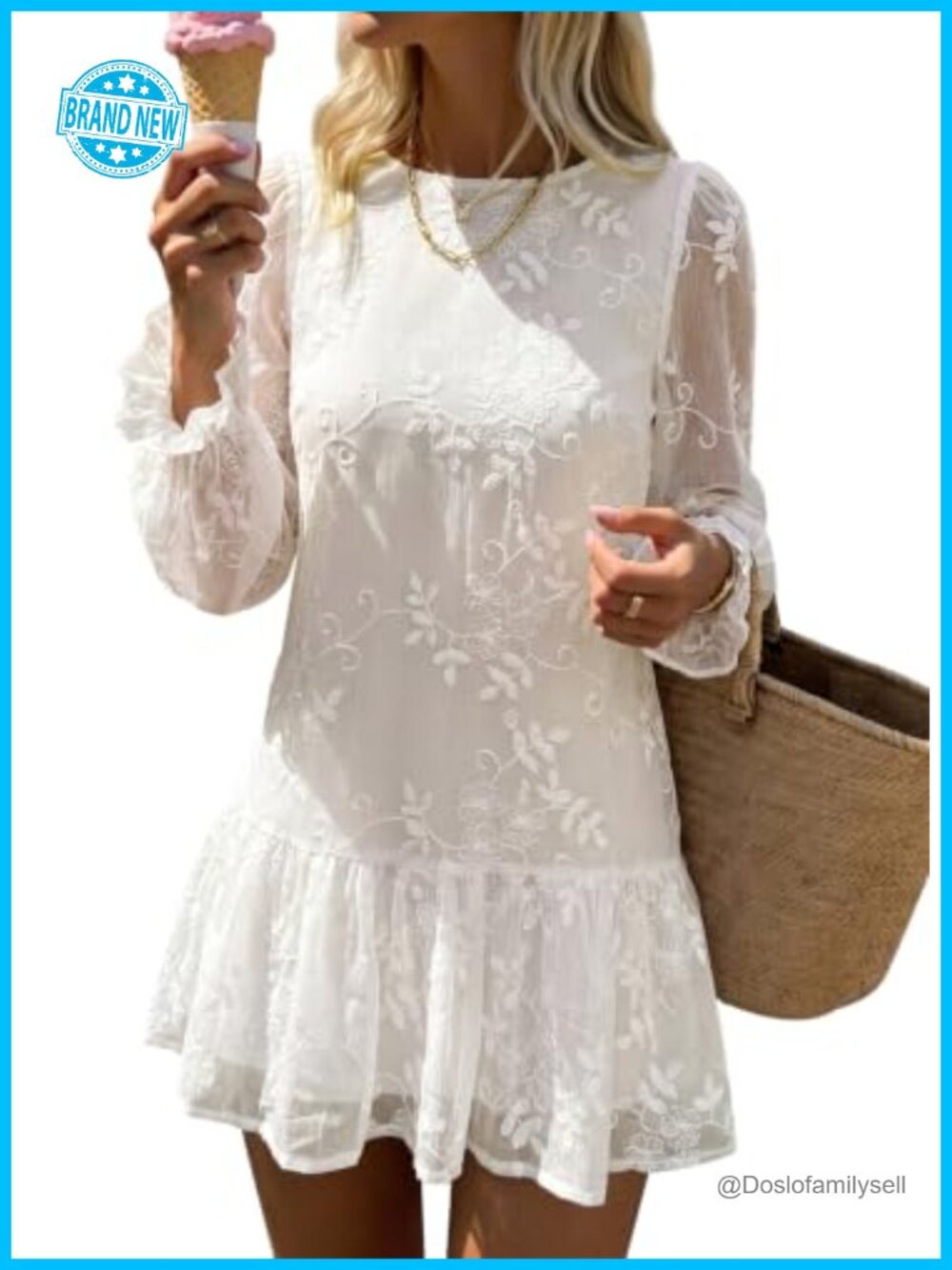 Embroidered Mini Babydoll Dress Long Sleeve Chiffon Ruffle